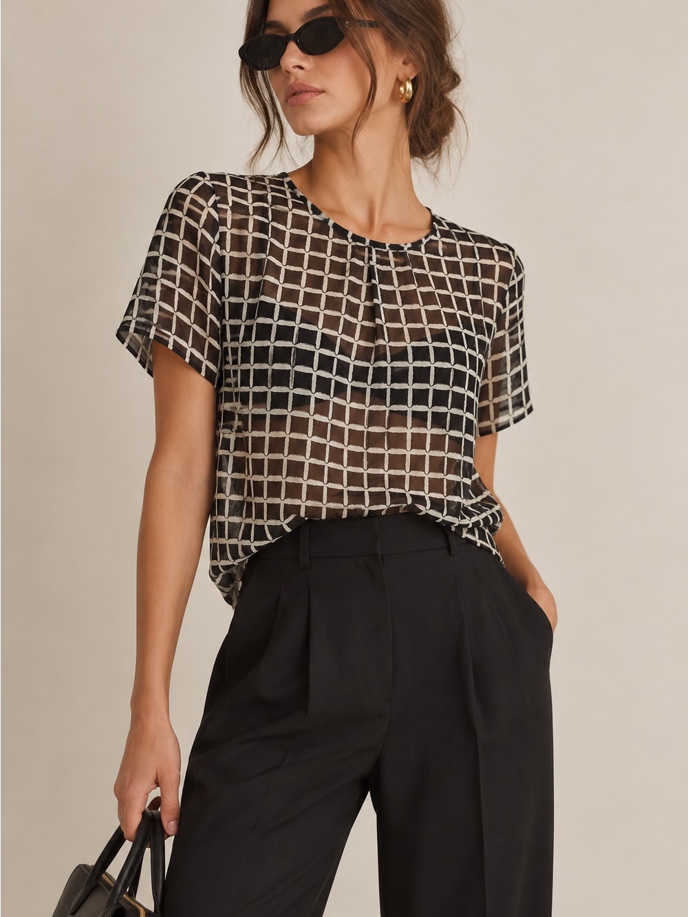 Wilfred Aritzia 100% Silk Black White Geometric Print Blouse XXS